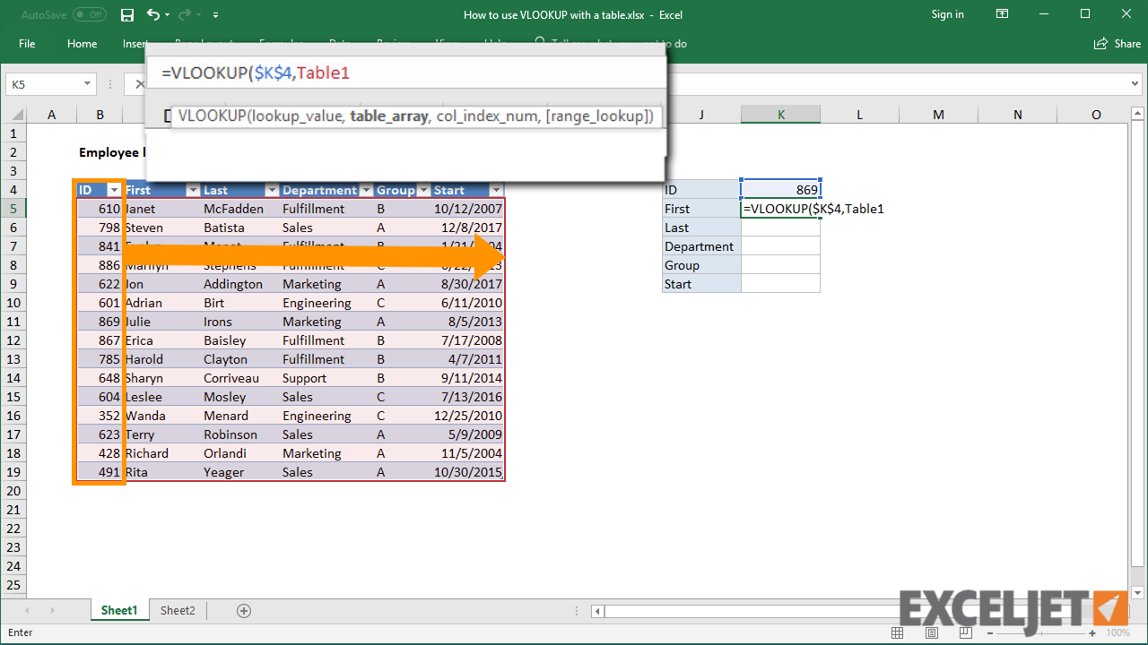 Excel tutorial How to use VLOOKUP with a table